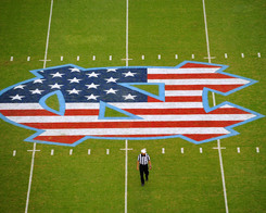 Image of the North Carolina logo painted like the American flag. 