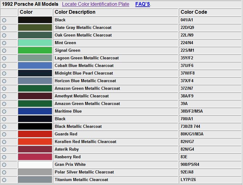 Porsche 944 Color Chart