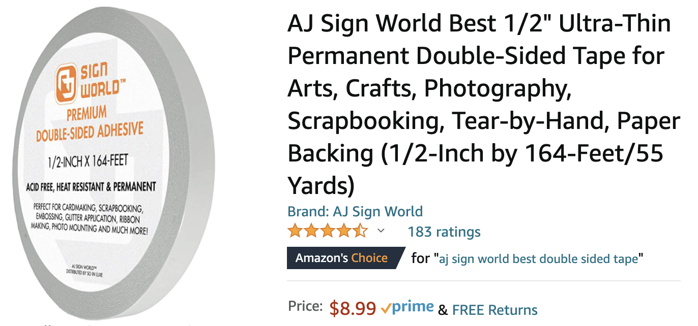 AJ Sign World aj sign world best 1/2 ultra-thin permanent double-sided tape  for arts, crafts, photography, scrapbooking, tear-by-hand, pap