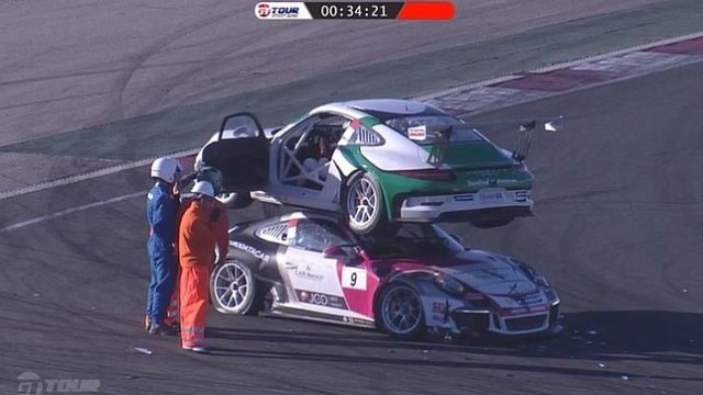 Stack of Porsches: GT3 Parks Atop Another GT3 During Race