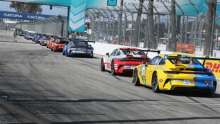 Porsche Carrera cup GT cars lined up in Long Beach, CA