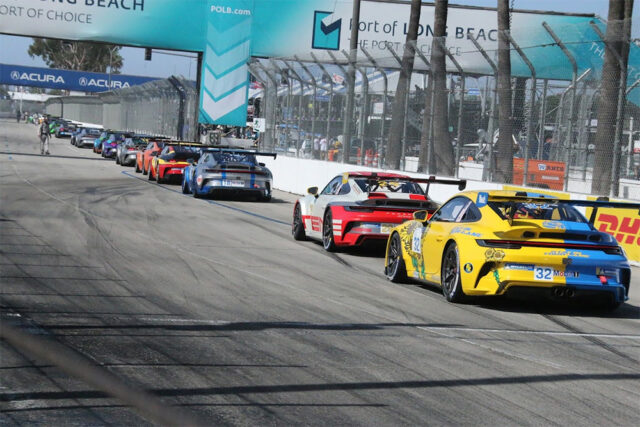 Porsche Carrera cup GT cars lined up in Long Beach, CA